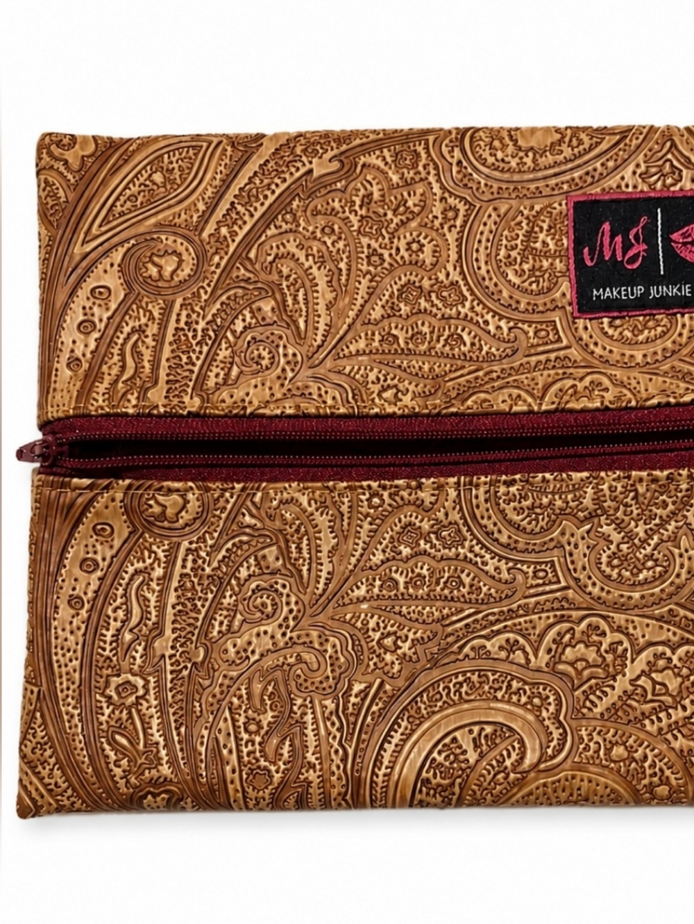 Makeup Junkie Makeup Bags Embossed Tan Tooled Paisley with Burgundy Zipper